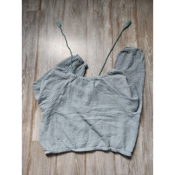 Cato Gauze Button Up Blouse Long Balloon Sleeve V Neck Tassels Blue Sz L EUC - Picture 7 of 7